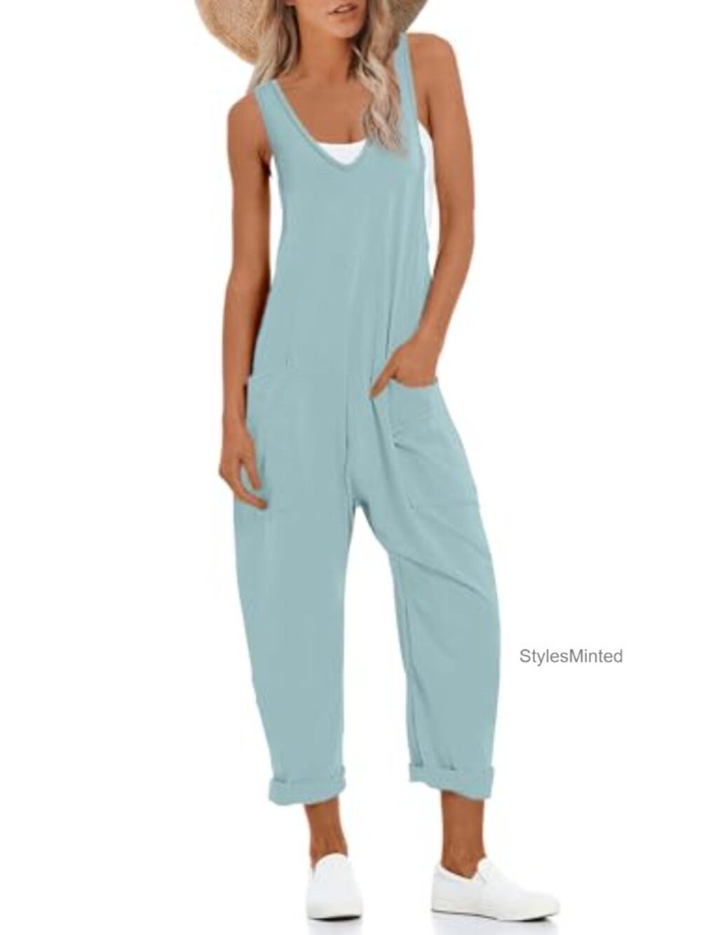 Womens V Neck Sleeveless Jumpsuit Loose Wide Leg Romper with Pockets